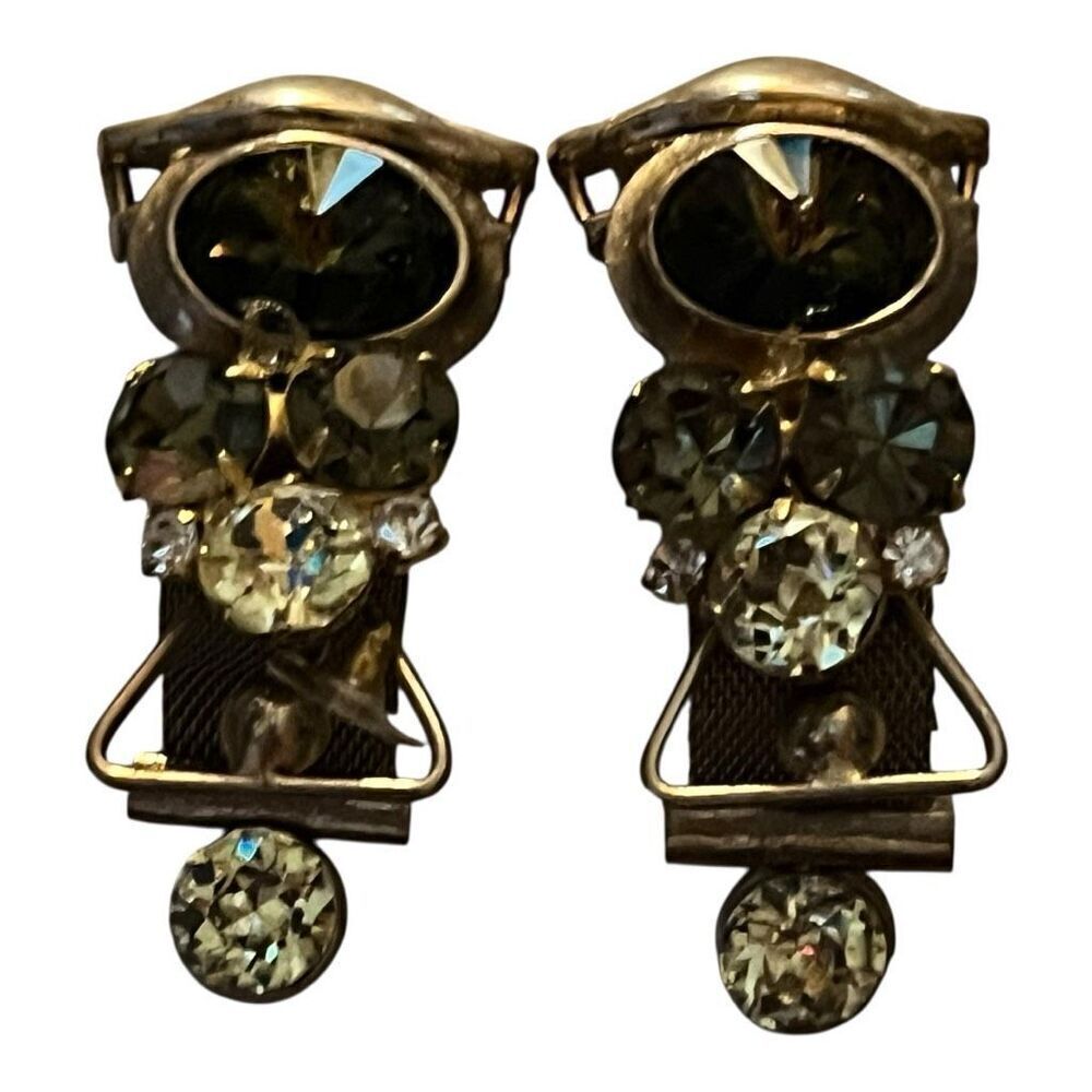 Vintage Women's Rhinestone Clip-On Two Tone Dangle Earrings Gold Silver